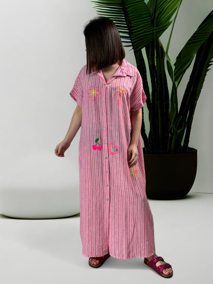 SOPHIE - ROBE CHEMISE OVERSIZE RAYURE ROSE JUSQU'A LA TAILLE 48