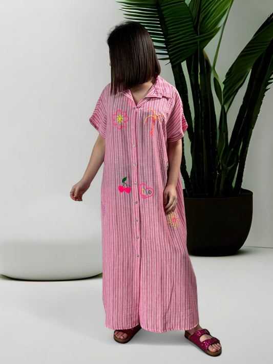SOPHIE - ROBE CHEMISE OVERSIZE RAYURE ROSE JUSQU'A LA TAILLE 48