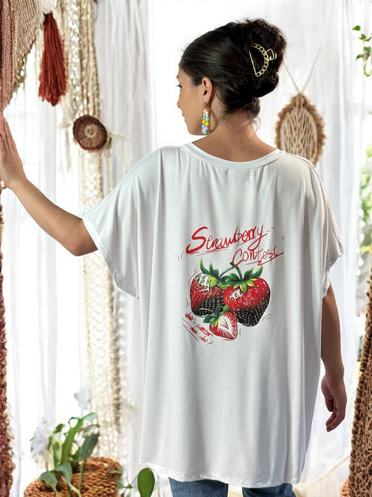 BILLIE - T-SHIRT BLANC EN VISCOSE MOTIF FRAISE JUSQU'A LA TAILLE 56/58