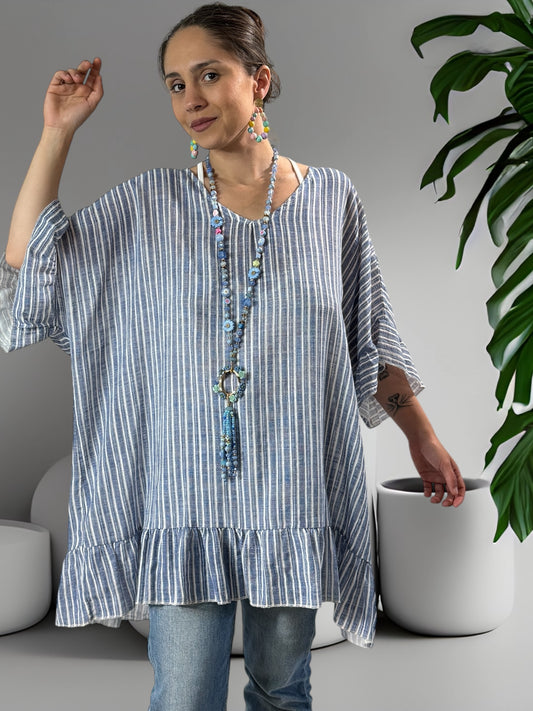 NELLY - TUNIQUE EN COTON A RAYURE BLEUE JUSQU'A LA TAILLE 52/54