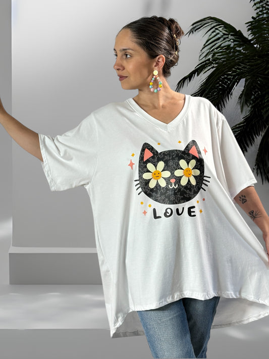 MARIUS - T-SHIRT BLANC MOTIF CHAT JUSQU'A LA TAILLE 56
