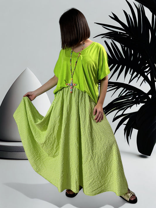 ESTIVALE - JUPE AMPLE VICHY VERT JUSQU'A LA TAILLE 52