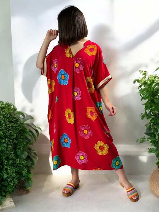 LALY - ROBE OVERSIZE ROUGE MOTIF FLEUR JUSQU'A LA TAILLE 54