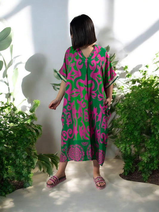 LALY - ROBE OVERSIZE MOTIF FUCHSIA JUSQU'A LA TAILLE 54