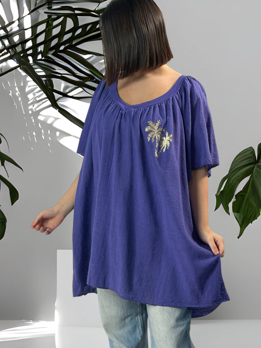 ASTRID - BLOUSE OVERSIZE VIOLETTE LIN ET COTON JUSQU'A LA TAILLE 54/56