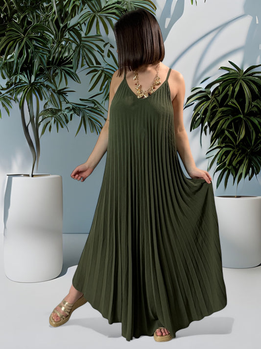 MAROUSSIA - ROBE KAKI PLIS SOLEIL JUSQU'A LA TAILLE 52