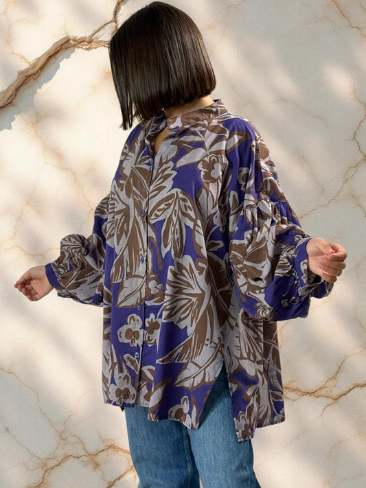 MARIKA - BLOUSE MOTIF VIOLET EN COTON OVERSIZE JUSQU'A LA TAILLE 52/54