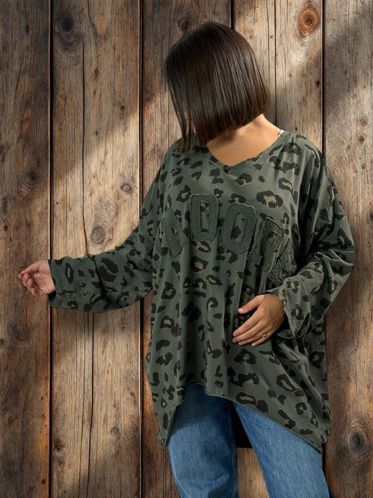 SAVANE -  TEE-SHIRT OVERSIZE LEOPARD KAKI JUSQU'A LA TAILLE 56