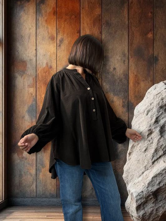 ALICIA - BLOUSE MARRON EN VELOURS MILLERAIES OVERSIZE JUSQU'A LA TAILLE 56