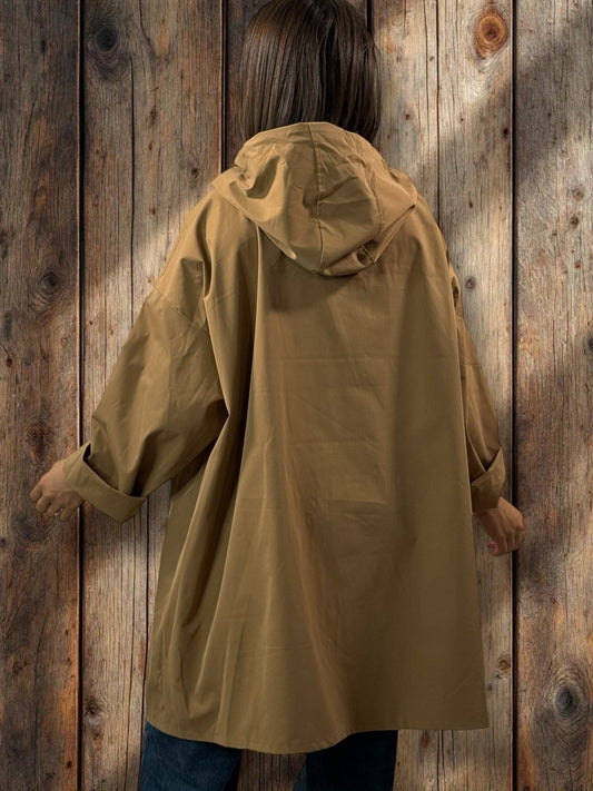 DORIAN - VESTE TRENCH CAMEL OVERSIZE A CAPUCHE JUSQU'A LA TAILLE 56