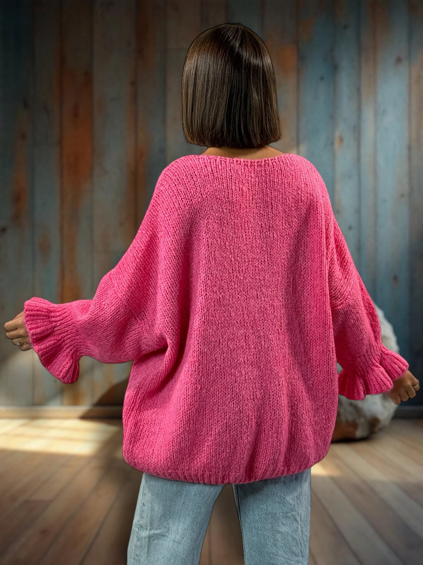 BERENGERE - GILET OVERSIZE ROSE AVEC NOEUDS JUSQU'A LA TAILLE 52/54