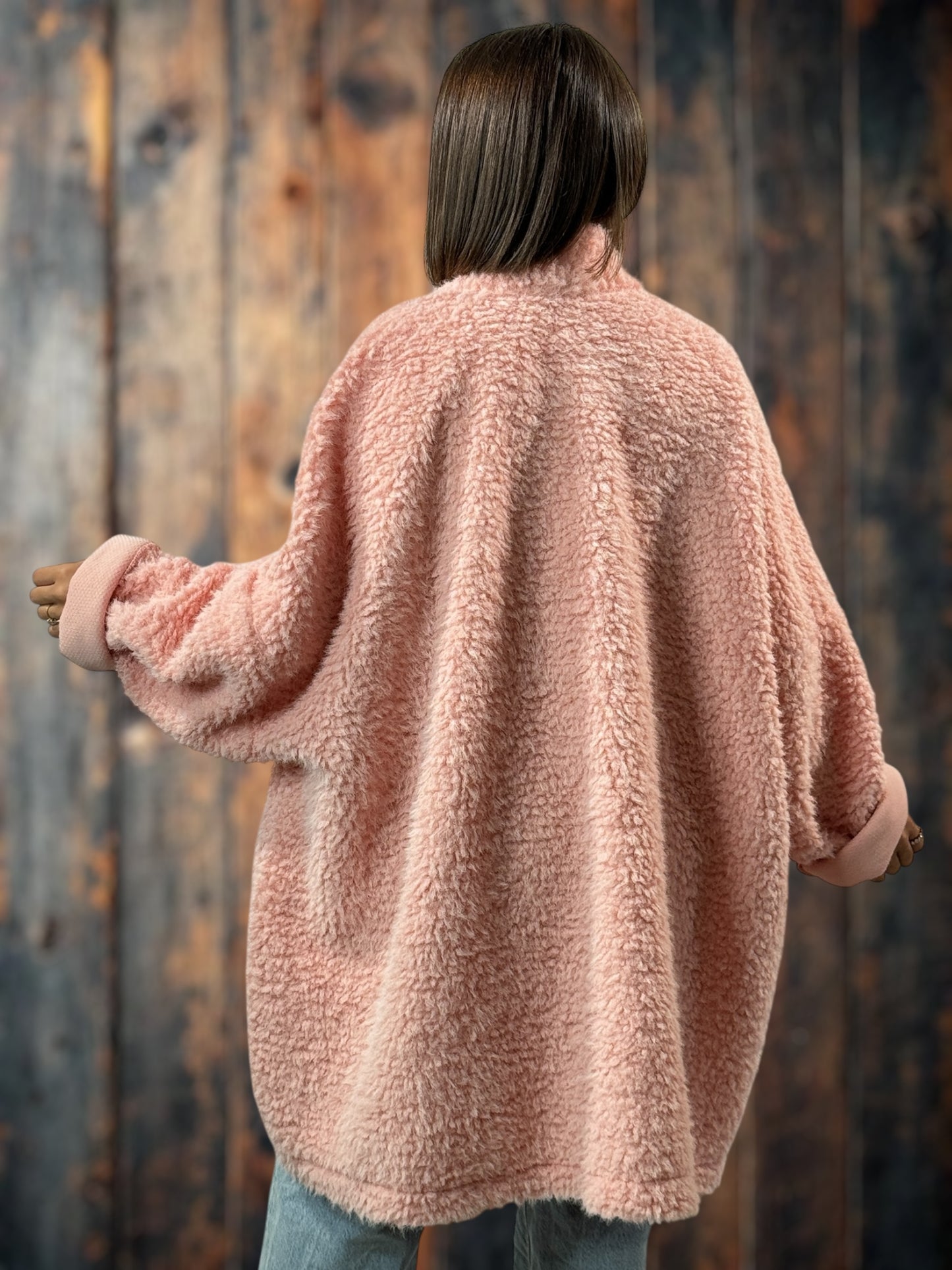 LILIROSE - VESTE OVERSIZE ROSE EN MOUMOUTE JUSQU'A LA TAILLE 56