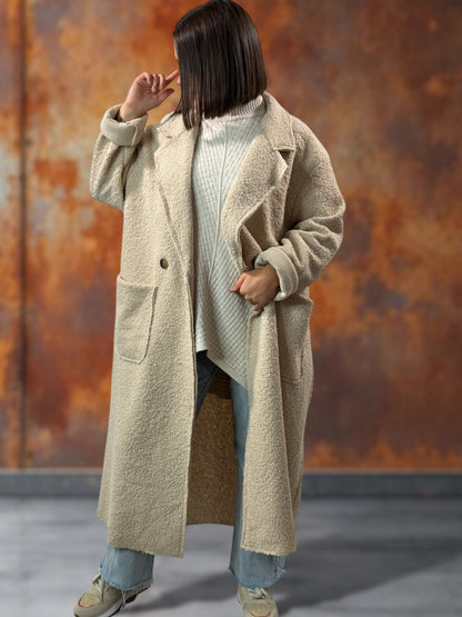 JULIEN - LONG MANTEAU BEIGE EN BOUCLETTE JUSQU'A LA TAILLE 50/52