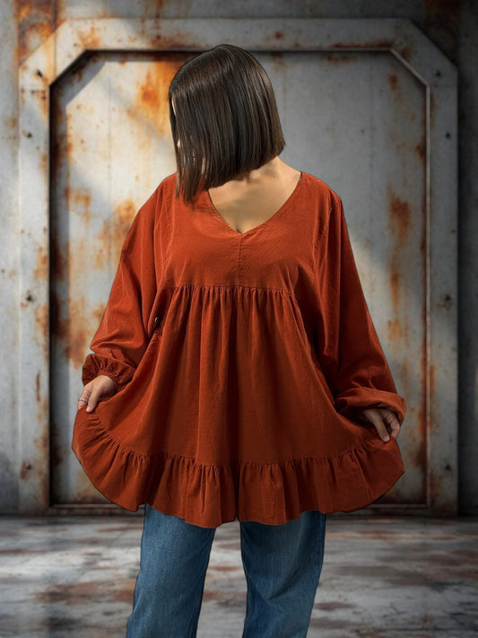 VICTORIA - TUNIQUE ROUILLE EN VELOURS MILLERAIES OVERSIZE JUSQU'A LA TAILLE 52