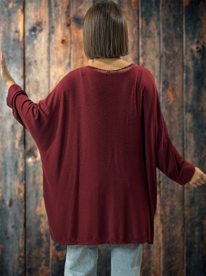 NINA - PULL BORDEAUX EN MAILLE ENCOLURE LISERE LEOPARD JUSQU'A LA TAILLE 56