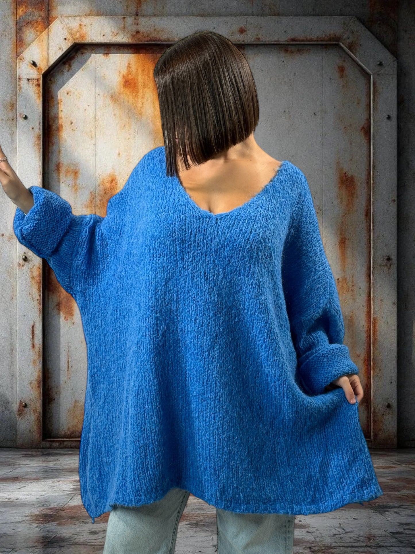 LUCKY - PULL BLEU OVERSIZE JUSQU'A LA TAILLE 56/58