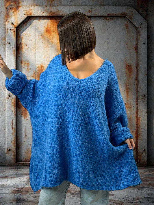 LUCKY - PULL BLEU OVERSIZE JUSQU'A LA TAILLE 56/58
