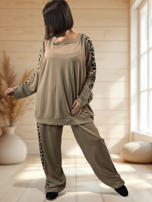 LEONARDO - ENSEMBLE BEIGE BANDE LEOPARD JUSQU'A LA TAILLE 52/54
