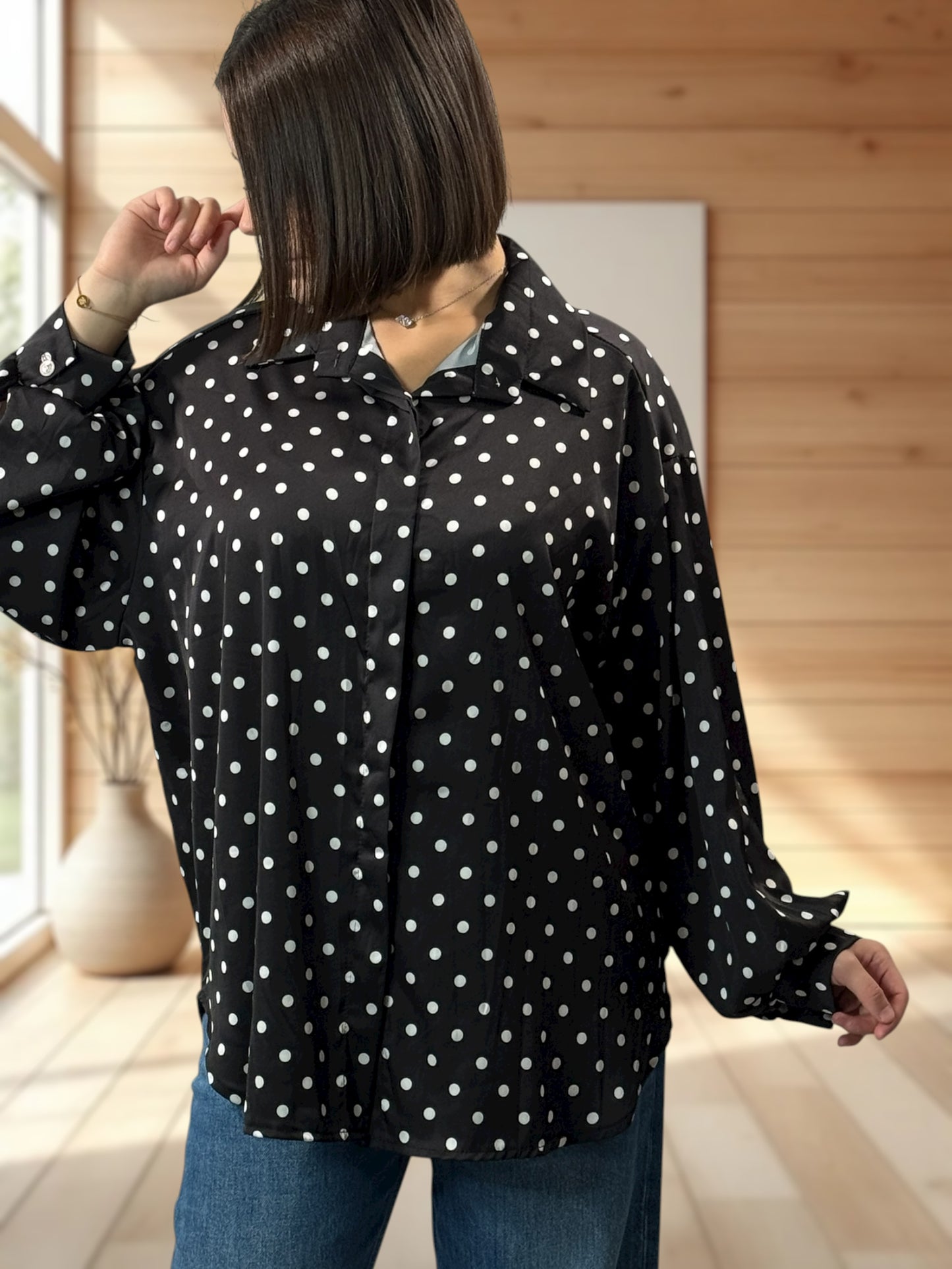 ROSAS - CHEMISE OVERSIZE NOIRE A POIS JUSQU'A LA TAILLE 54