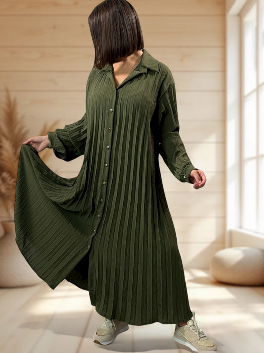 MAROUSSIA - ROBE KAKI PLIS SOLEIL JUSQU'A LA TAILLE 56