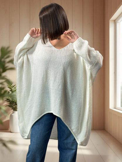 JULIA- PULL OVERSIZE BLANC CASSE JUSQU'A LA TAILLE 56/58