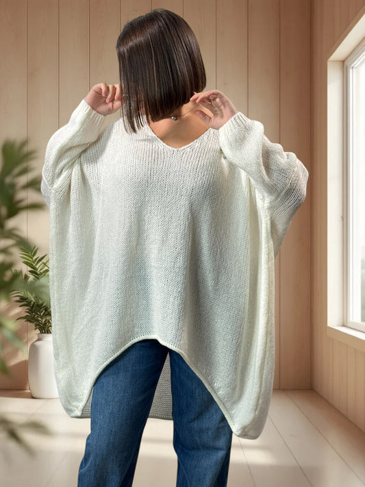 JULIA- PULL OVERSIZE BLANC CASSE JUSQU'A LA TAILLE 56/58