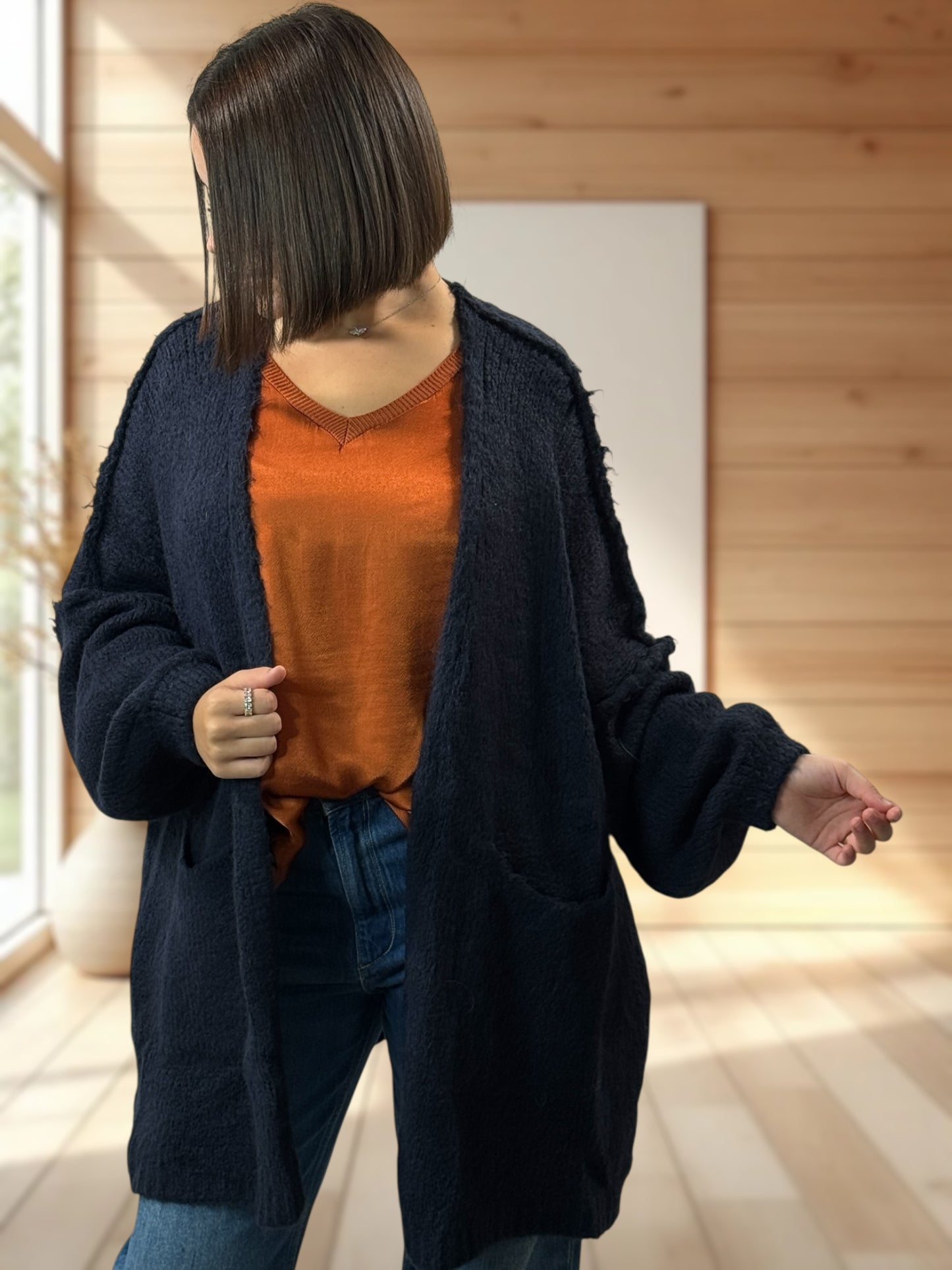 CLEO - GILET OVERSIZE MARINE AVEC JUSQU'A LA TAILLE 52/54