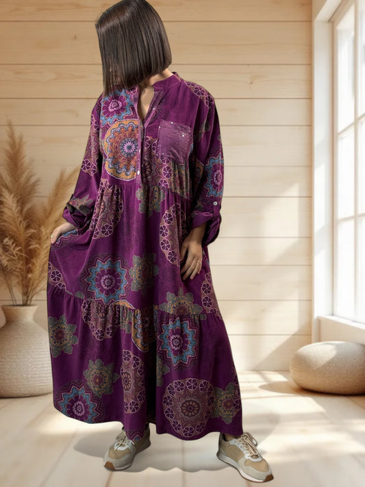 VANINA - ROBE CYCLAMEN A MOTIF EN VELOURS JUSQU'A LA TAILLE 52