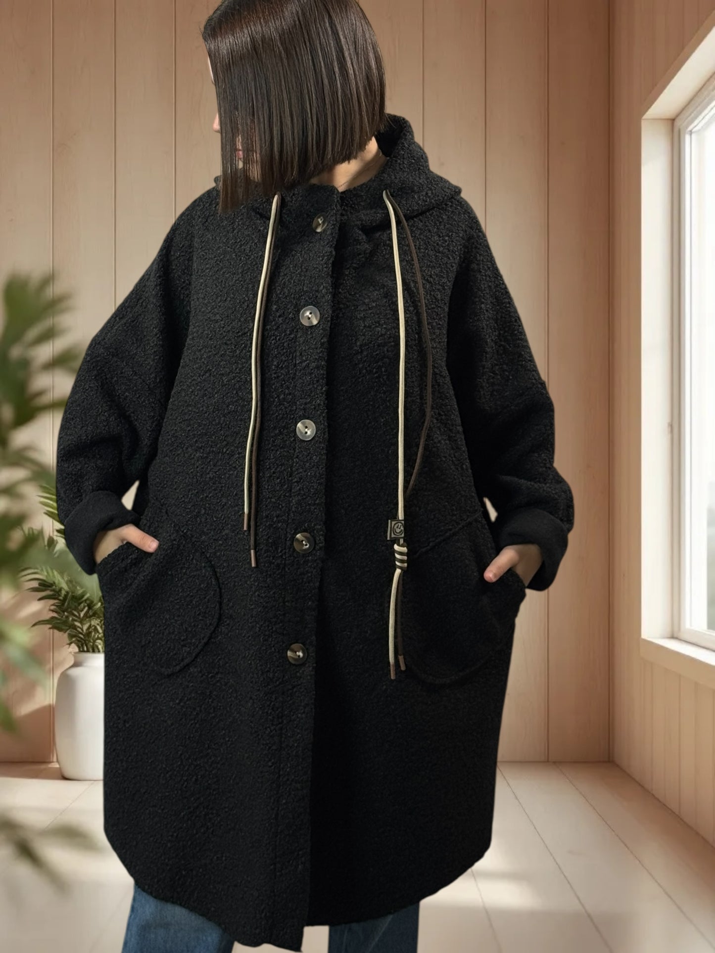 CAPRICE - VESTE OVERSIZE NOIRE A CAPUCHE JUSQU'A LA TAILLE 54