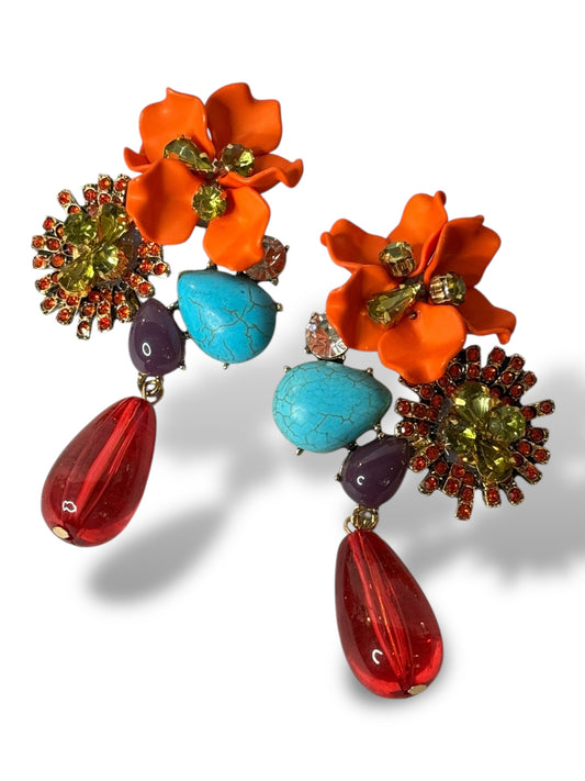 CHAMPAGNE - BOUCLES D'OREILLES FLEUR STRASS