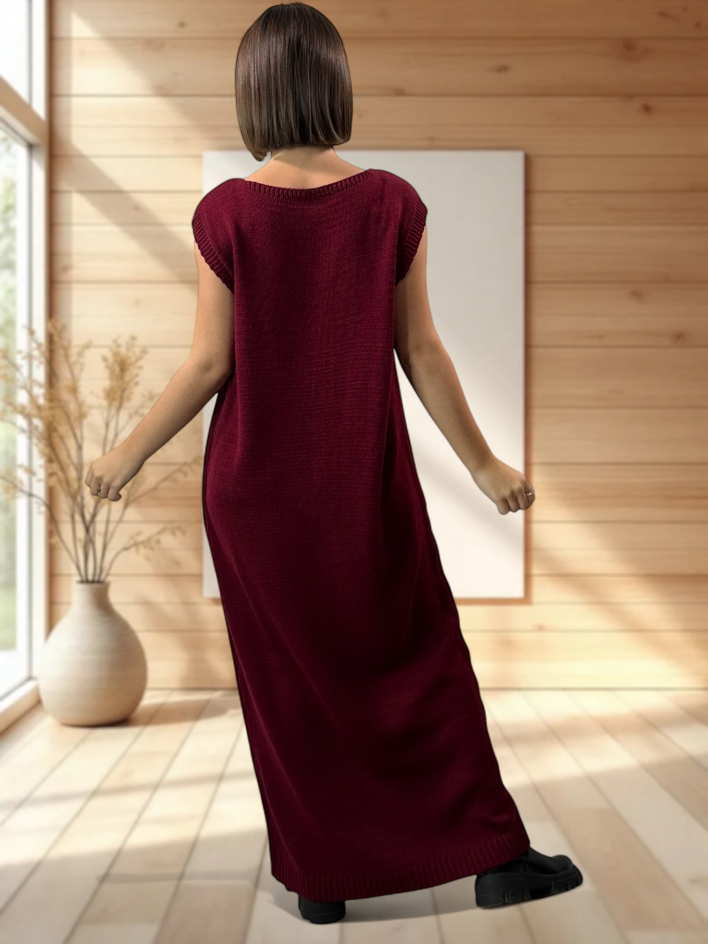 GABRIELA - ENSEMBLE BORDEAUX EN MAILLE ROBE ET GILET JUSQU'A LA TAILLE 48