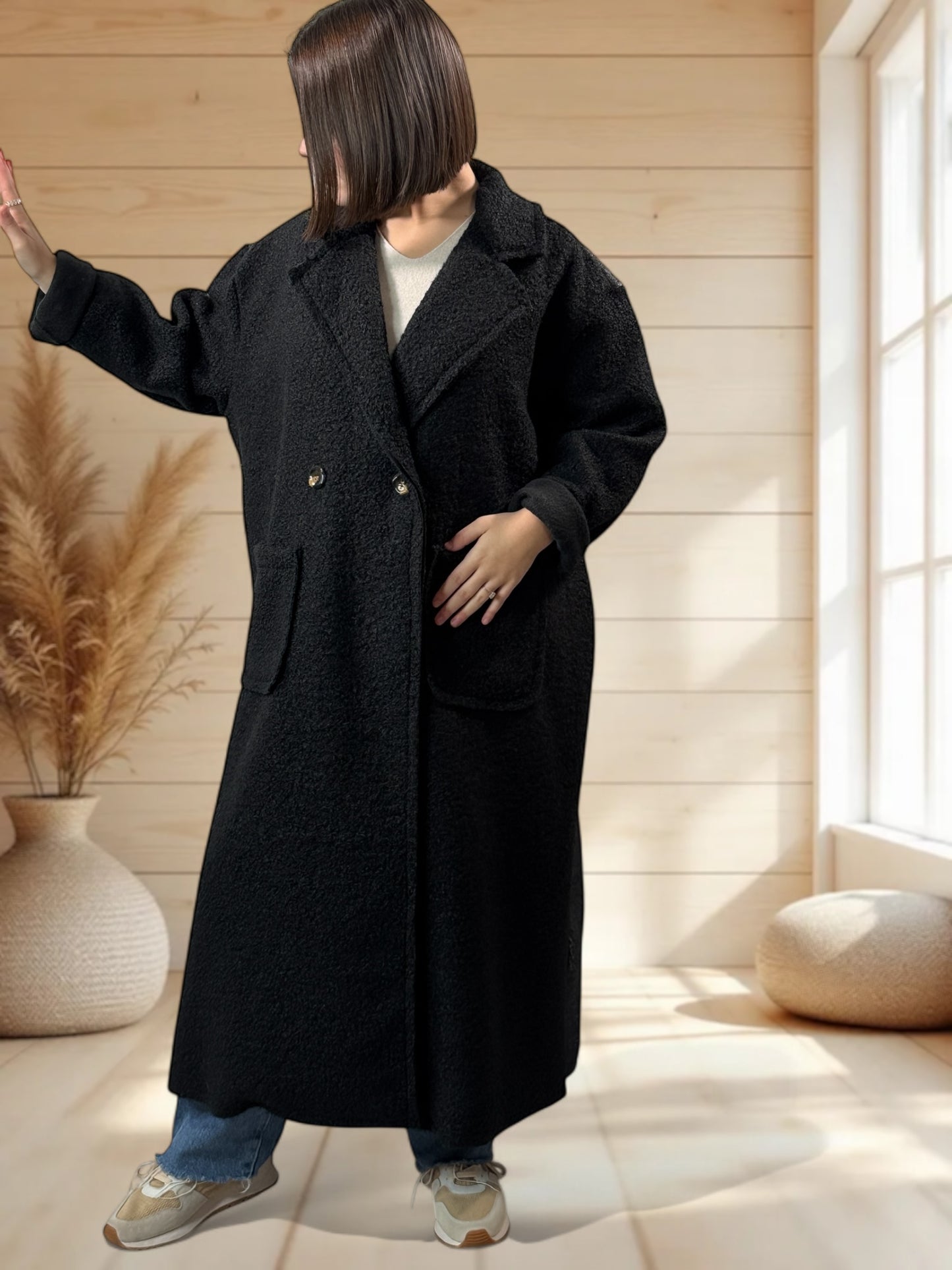 SYLVIO - LONG MANTEAU NOIR JUSQU'A LA TAILLE 54