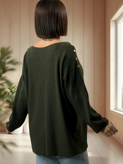 DONNA - PULL OVERSIZE KAKI AVEC BOUTONS DORES JUSQU'A LA TAILLE 52