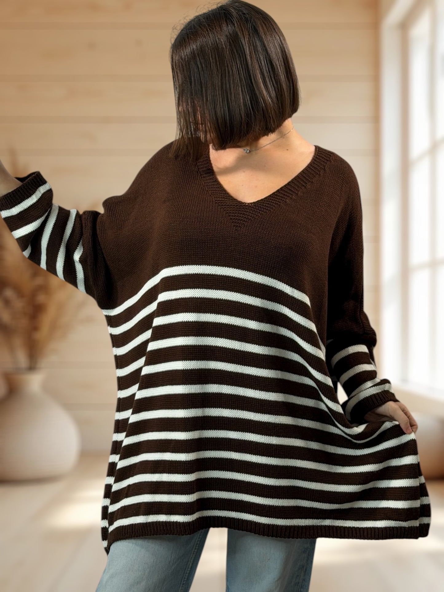 MANU - PULL MARINIERE MARRON JUSQU'A LA TAILLE 56/58