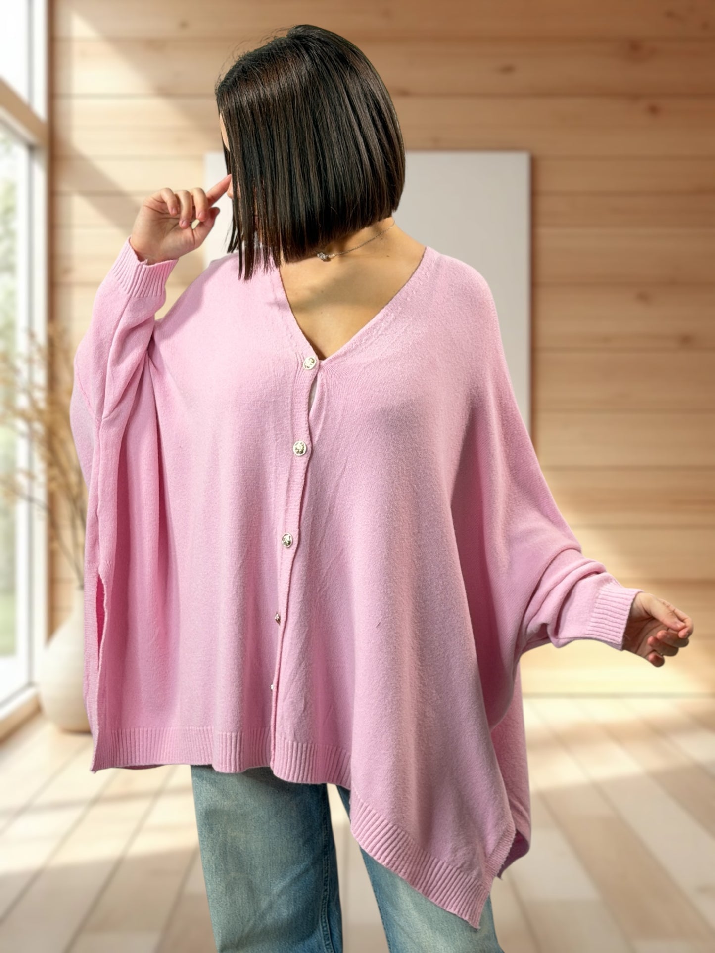 MATHILDE - GILET OVERSIZE ROSE JUSQU'A LA TAILLE 56/58