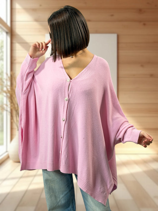 MATHILDE - GILET OVERSIZE ROSE JUSQU'A LA TAILLE 56/58