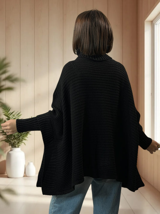 HELLO - PULL PONCHO NOIR OVERSIZE JUSQU'A LA TAILLE 56/58