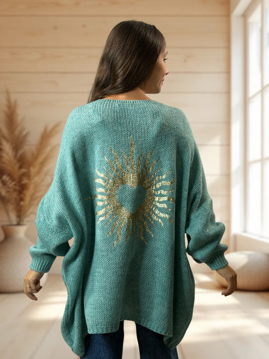 RICKOU - PULL OVERSIZE LAGON MOTIF SOLEIL JUSQU'A LA TAILLE 56