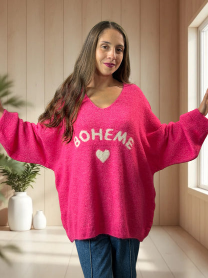 CLAUDIO - PULL FUCHSIA LOGO BOHEME JUSQU'A LA TAILLE 54/56
