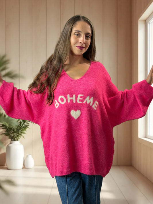 CLAUDIO - PULL FUCHSIA LOGO BOHEME JUSQU'A LA TAILLE 54/56
