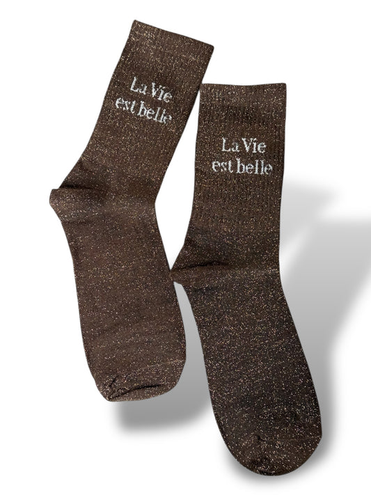 CHAUSSETTES SCINTILLANTES LA VIE EST BELLE MARRON