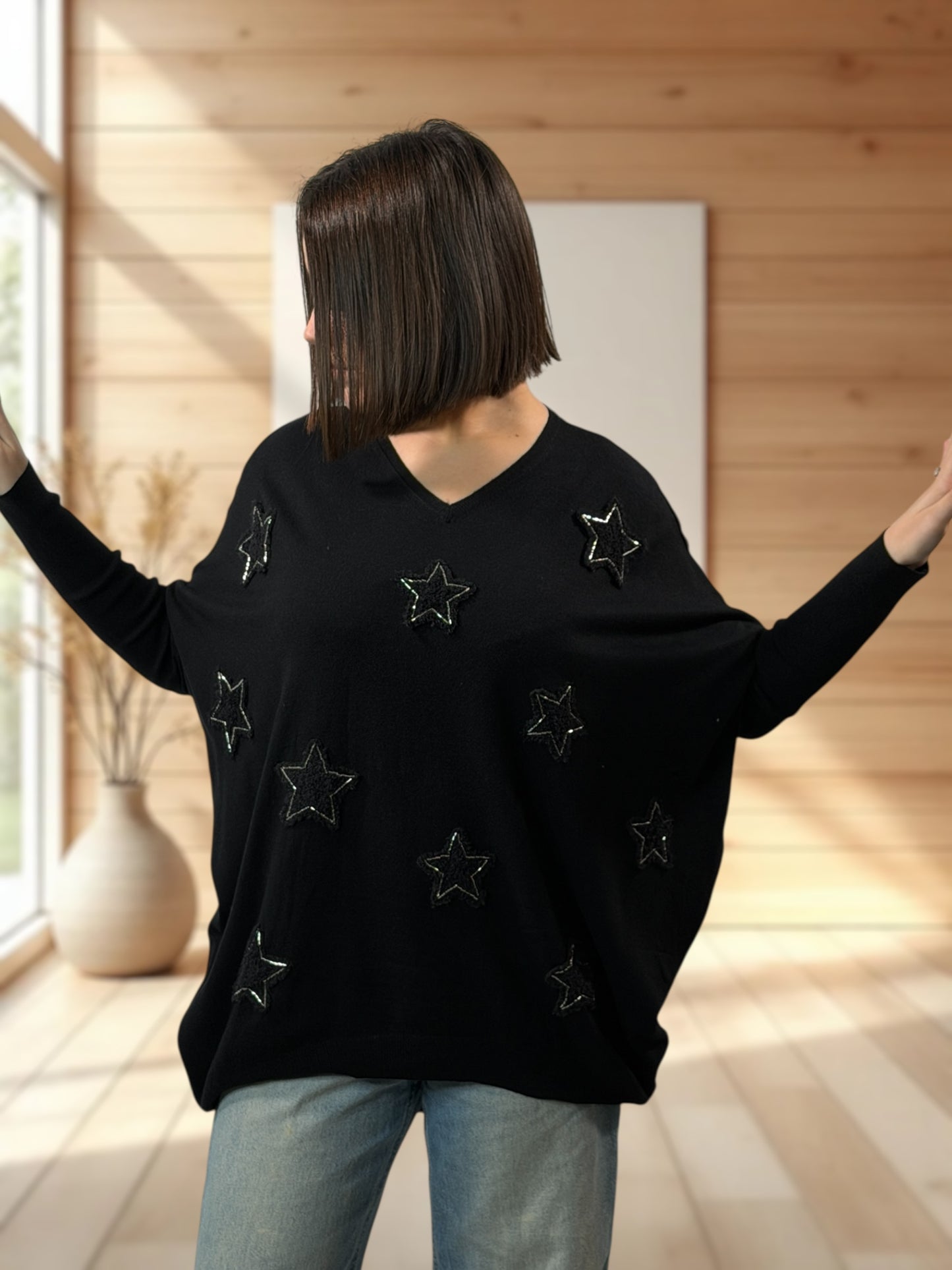 FLOCON - PULL NOIR ETOILE ET PERLE JUSQU'A LA TAILLE 52/54