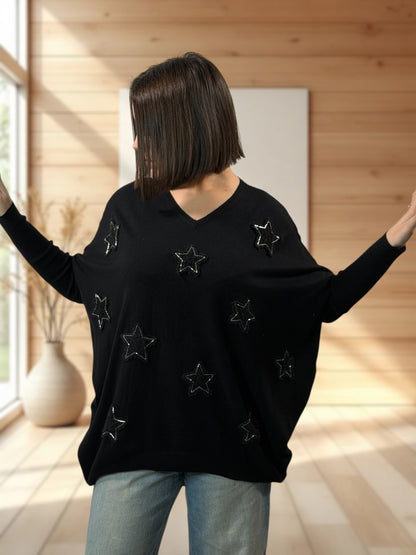 FLOCON - PULL NOIR ETOILE ET PERLE JUSQU'A LA TAILLE 52/54