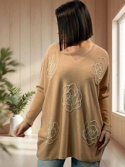 BIANCA - PULL OVERSIZE CAMEL AVEC PERLE JUSQU'A LA TAILLE 54/56