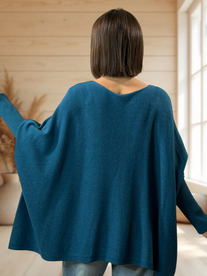 ZAZA - PULL OVERSIZE BLEU CANARD MOTIF ETOILE JUSQU'A LA TAILLE 56