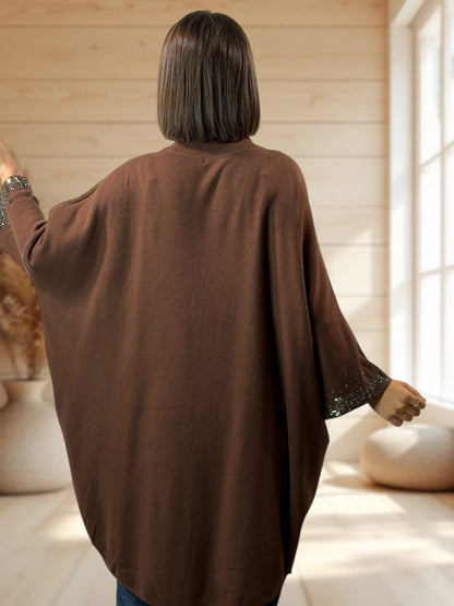 CORALINE - PULL OVERSIZE MARRON AVEC STRASS JUSQU'A LA TAILLE 56