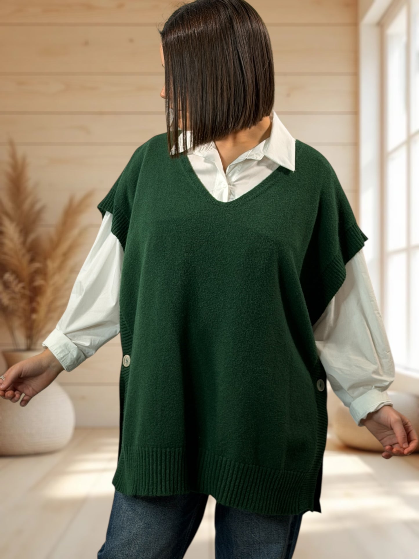 AURELIE - PULL VERT BOUTEILLE SANS MANCHES JUSQU'A LA TAILLE 52