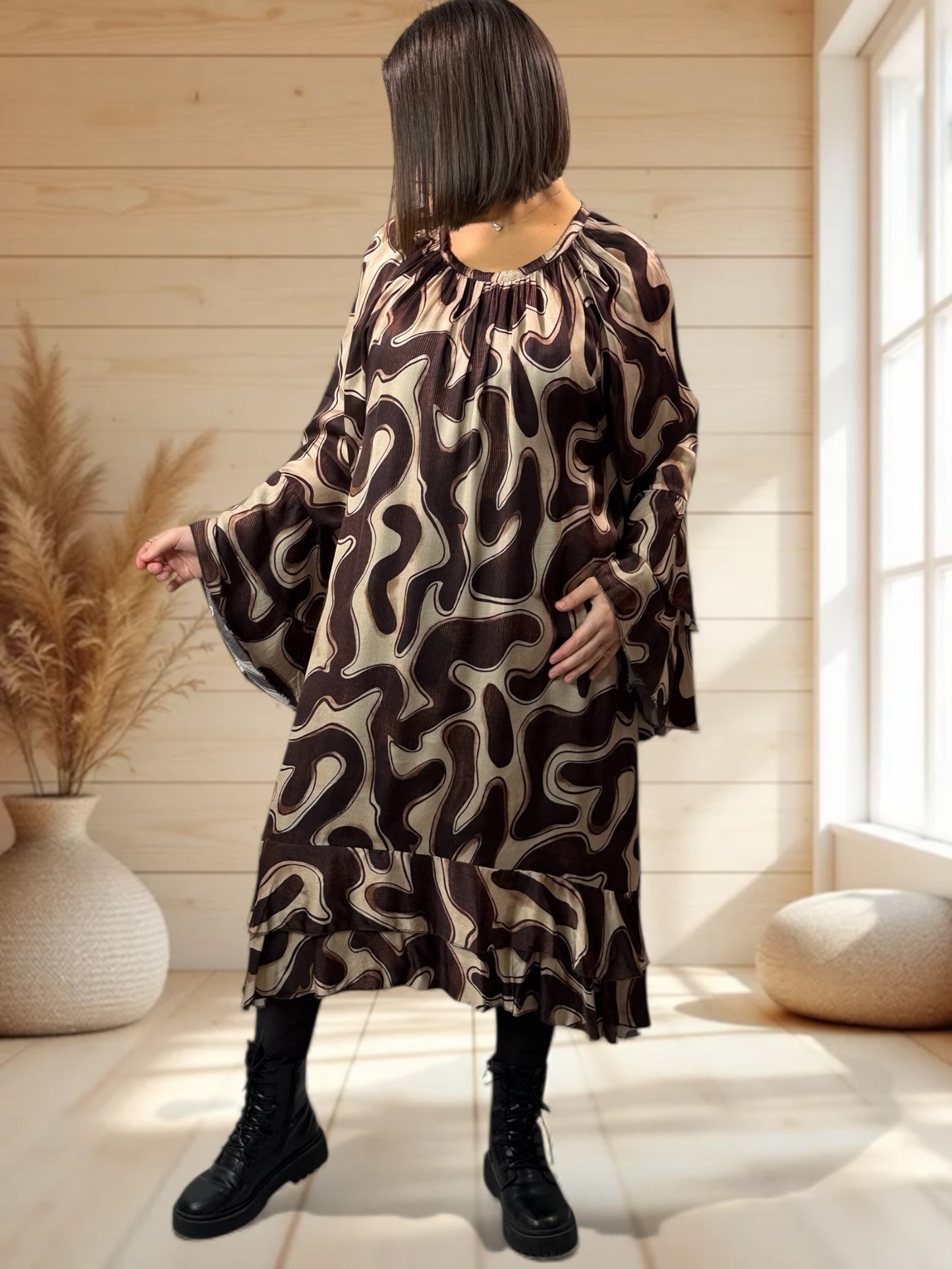 MATHILDA - ROBE AVEC DE LA SOIE MOTIF MARRON JUSQU'A LA TAILLE 50