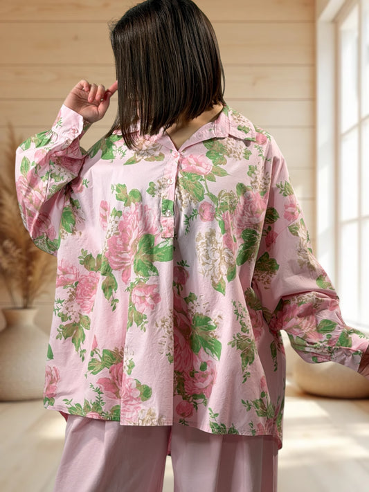 DONATELLA - BLOUSE ROSE A FLEUR JUSQU'A LA TAILLE 54