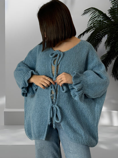 BERENGERE - GILET OVERSIZE BLEU AVEC NOEUDS JUSQU'A LA TAILLE 52/54